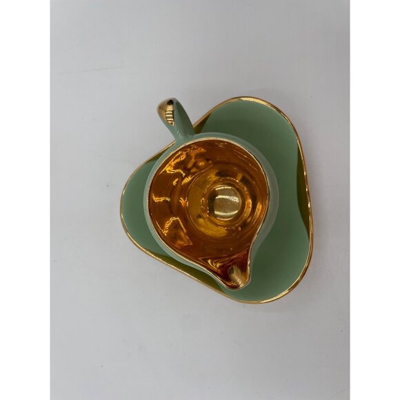 Vintage Figgjo Flint Norway Green & Gold Gravy Boat With Saucer Mid-Century Mode - Picture 7 of 7